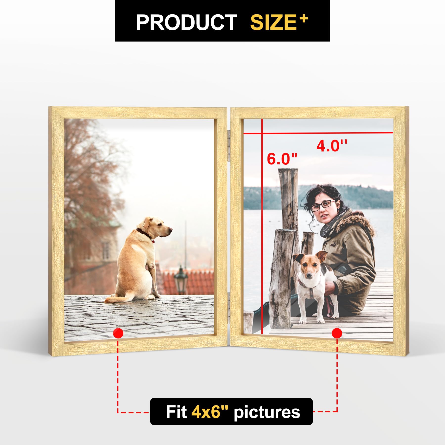 4x6 Double Picture Frame Wooden Hinged Photo Frame Definition Glass Stand Vertically on Desktop or Tabletop Gold